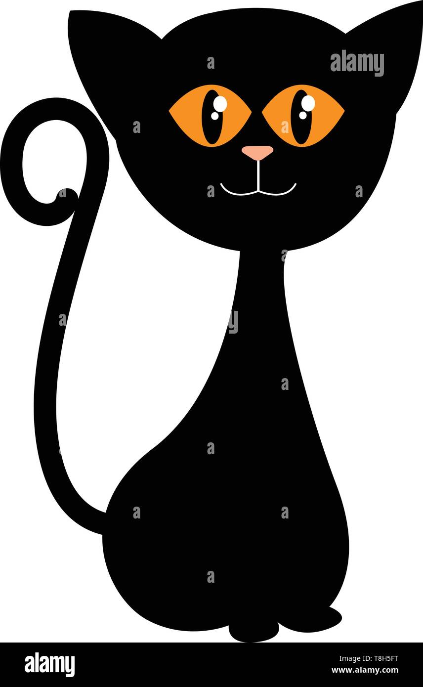 Un piccolo gatto in colore nero con coda lunga e gli occhi di colore arancione , il vettore, il colore di disegno o illustrazione. Illustrazione Vettoriale