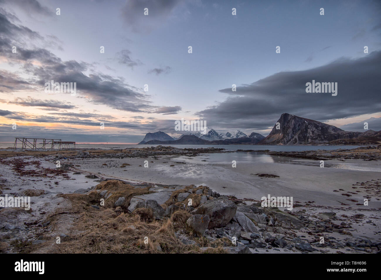 Pesce rack di asciugatura sulla spiaggia, Sandnes, Flakstad, Lofoten, Nordland, Norvegia Foto Stock