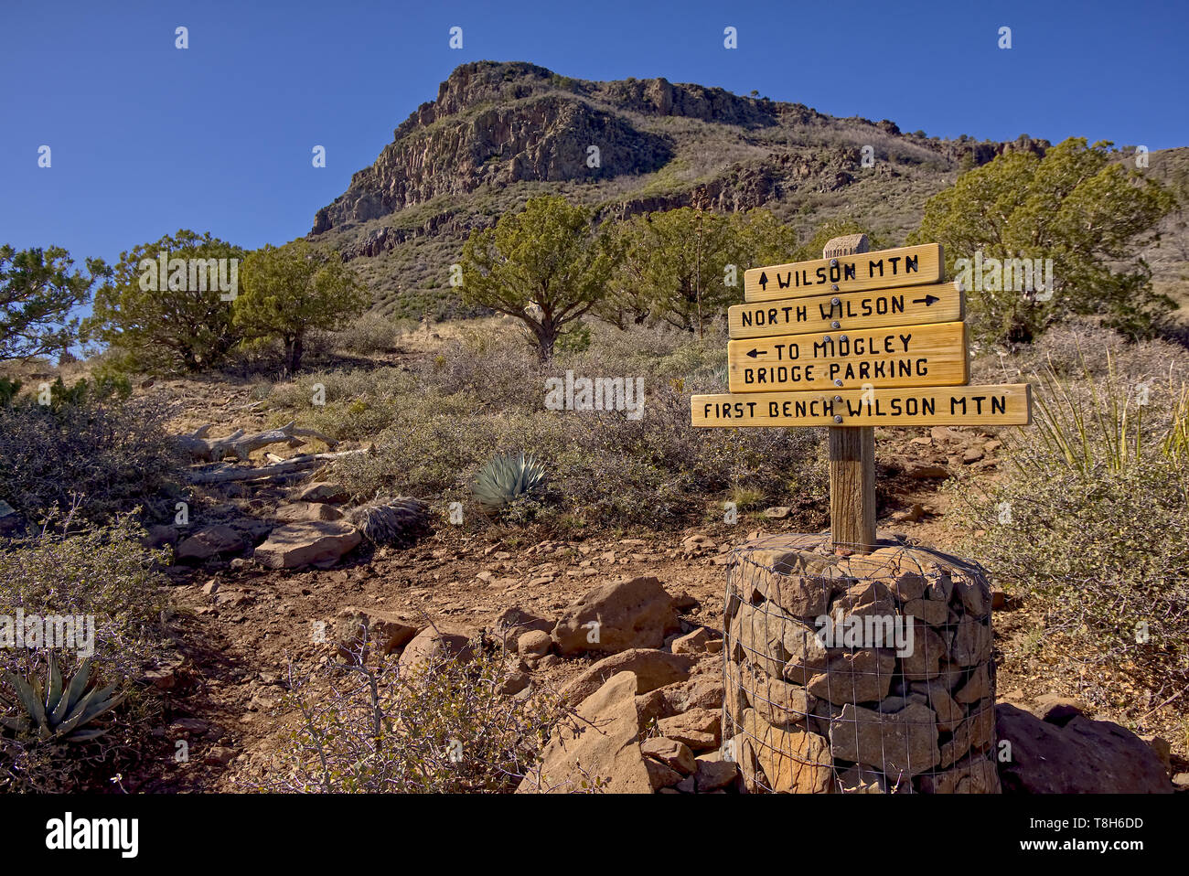 Wilson Mountain primo banco Trail segno di intersezione, Sedona, in Arizona, Stati Uniti Foto Stock