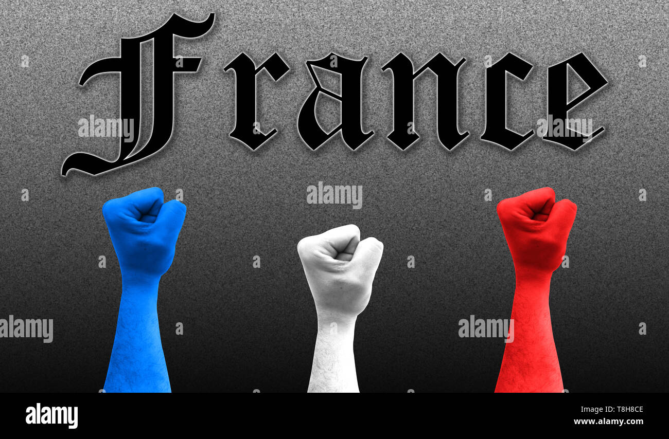Tre pugni in aria con i colori della bandiera della Francia Foto Stock
