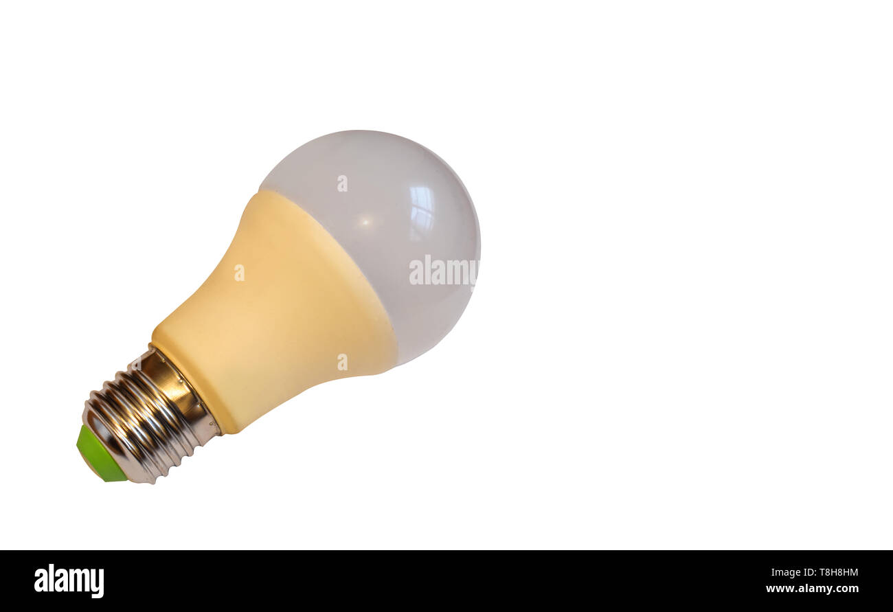 LED, nuova tecnologia lampadina isolati su sfondo bianco, Energy super risparmio lampada elettrica è buona per l'ambiente. Realistica immagine fotografica con cop Foto Stock
