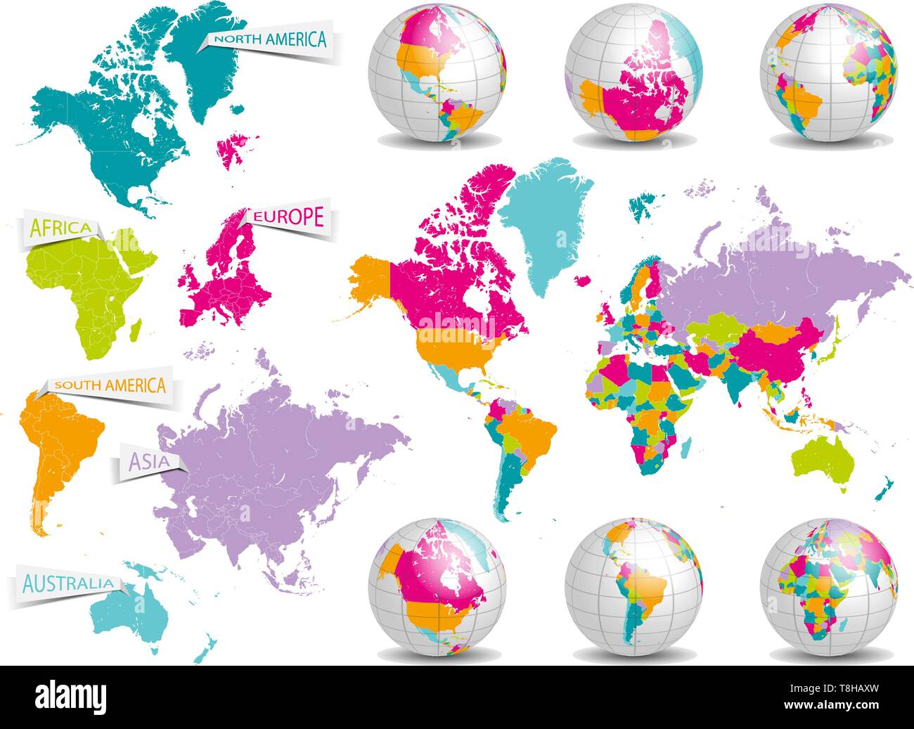 Dettagliata mappa del mondo e globo terrestre set di vettore Illustrazione Vettoriale