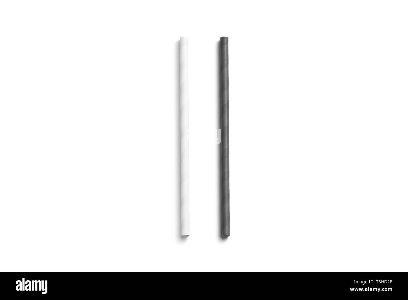 Vuoto in bianco e nero la carta paglia mockup isolato, vista dall'alto, rendering 3d. Chiara bere tubo mock up bugie. Vuoto eco parte tubo per cocktail. Disposab Foto Stock