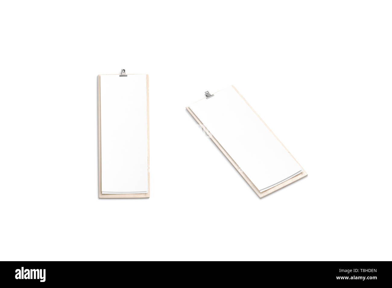 La schermata bianca vuota nel menu Carta sul pannello di legno mock up, 4 pollici, isolata, vista anteriore e laterale, rendering 3d. Vuoto cartelline in legno con foglio mockups. Clea Foto Stock