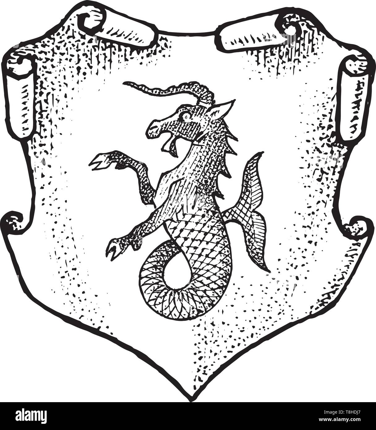 Per animale araldico in stile vintage. Inciso lo stemma con pesci di capra, mitica creatura. Emblemi medievale e il logo del regno fantasy. Illustrazione Vettoriale Per animale araldico in stile vintage. Inciso lo stemma con pesci di capra, mitica creatura. Emblemi medievale e il logo del regno fantasy. Illustrazione Vettoriale