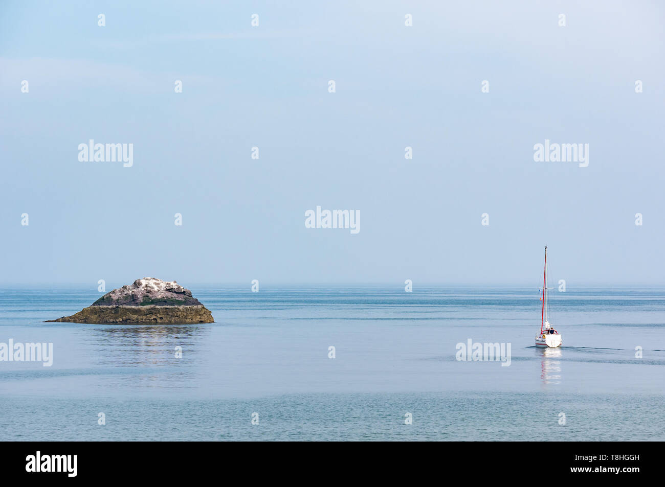 Imbarcazione a vela in mare calmo accanto alla piccola isola rocciosa con uccelli marini, Firth of Forth, East Lothian, Scozia, Regno Unito Foto Stock