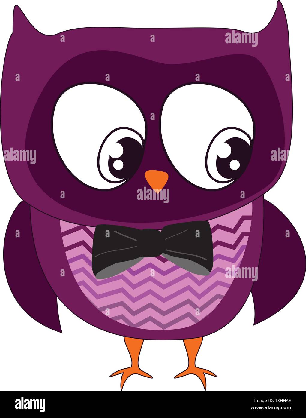 Un viola scuro owl con occhi grandi e un arancio Becco che indossa una cravatta a farfalla nera, il vettore, il colore di disegno o illustrazione. Illustrazione Vettoriale