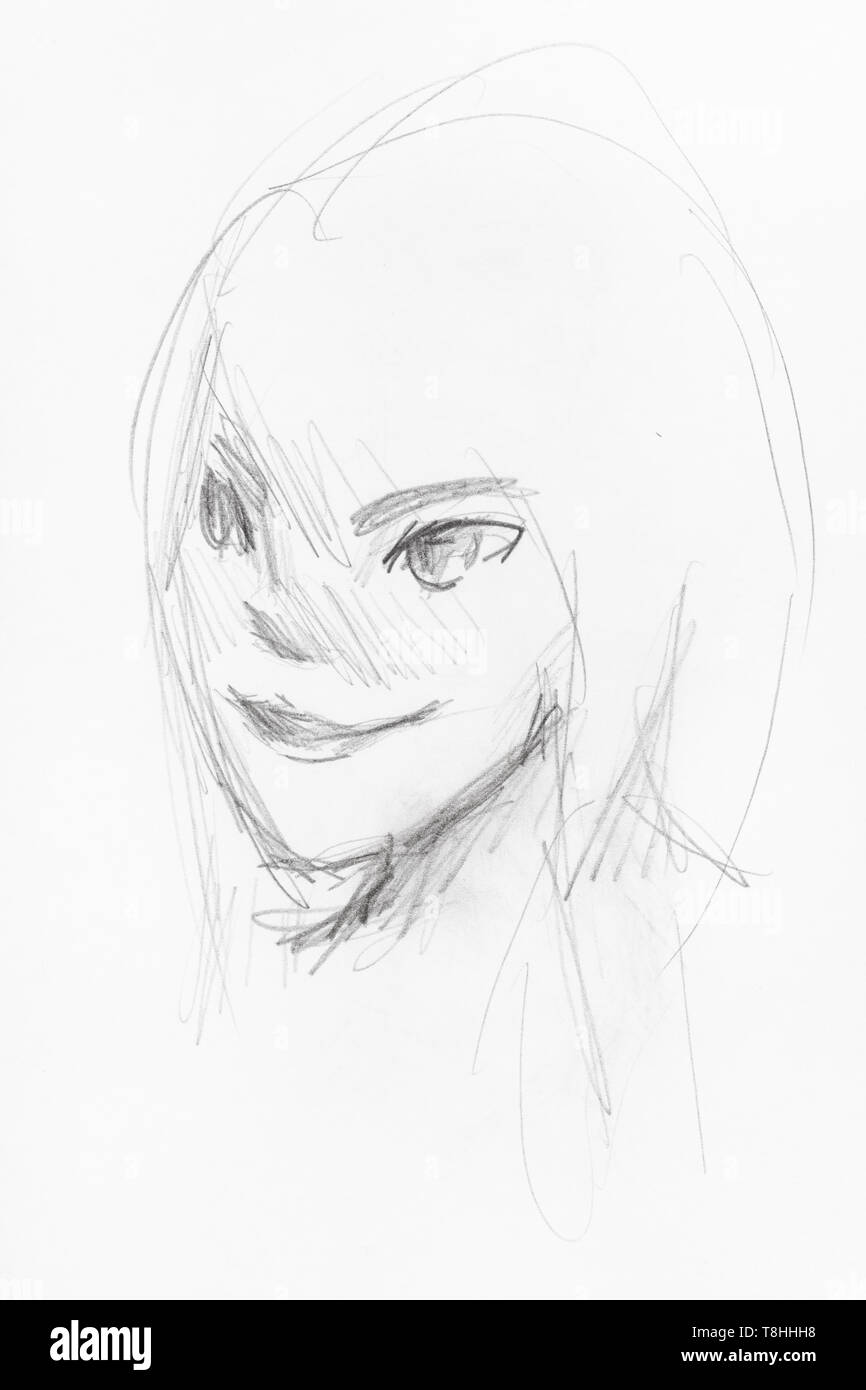 Schizzo della testa della ragazza con la faccina sorridente in stile anime  disegnati a mano dalla matita nera su carta bianca Foto stock - Alamy