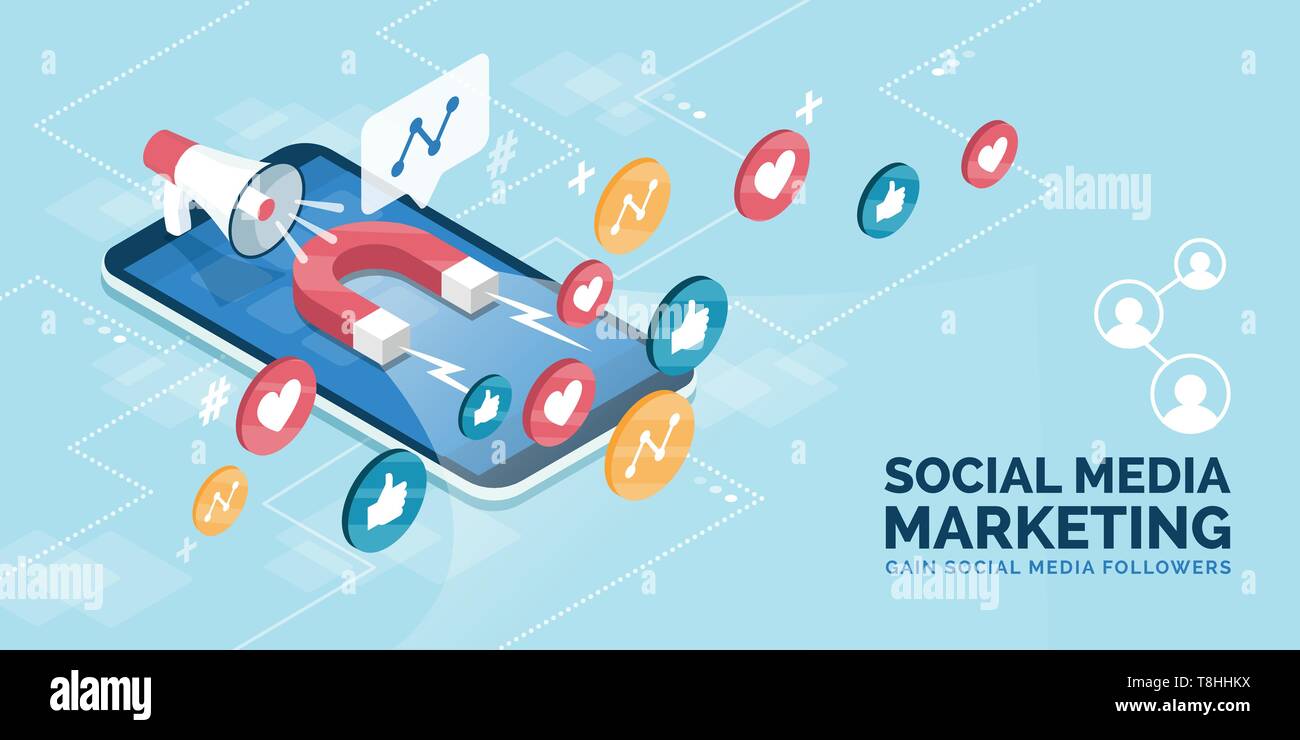 Come ottenere più seguaci sul popolare social media, le strategie di marketing concept Illustrazione Vettoriale