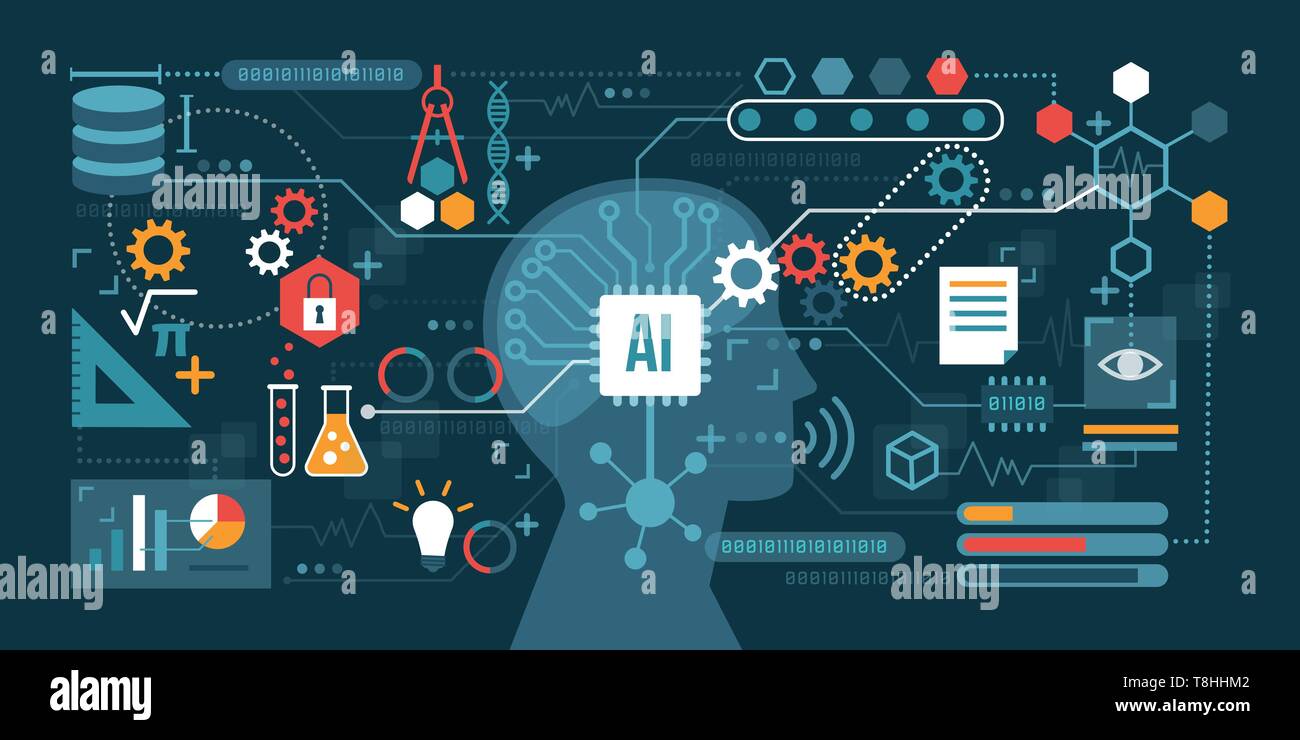 Intelligenza artificiale collegato ad una rete di icone: problem solving, il processo decisionale e il concetto di produttività Illustrazione Vettoriale
