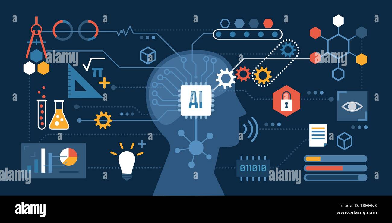 Intelligenza artificiale collegato ad una rete di icone: problem solving, il processo decisionale e il concetto di produttività Illustrazione Vettoriale