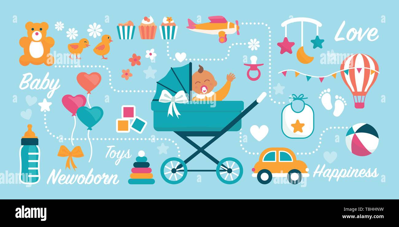 Carino neonato agitando in una carrozzina e infanzia voci: baby doccia e compleanno biglietto di auguri Illustrazione Vettoriale