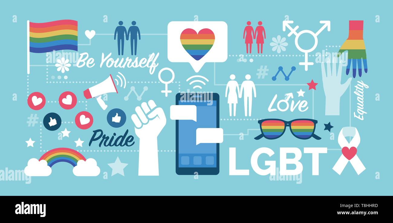 I diritti LGBT, la parità tra i sessi e social media il sostegno comunitario, rete di icone Illustrazione Vettoriale