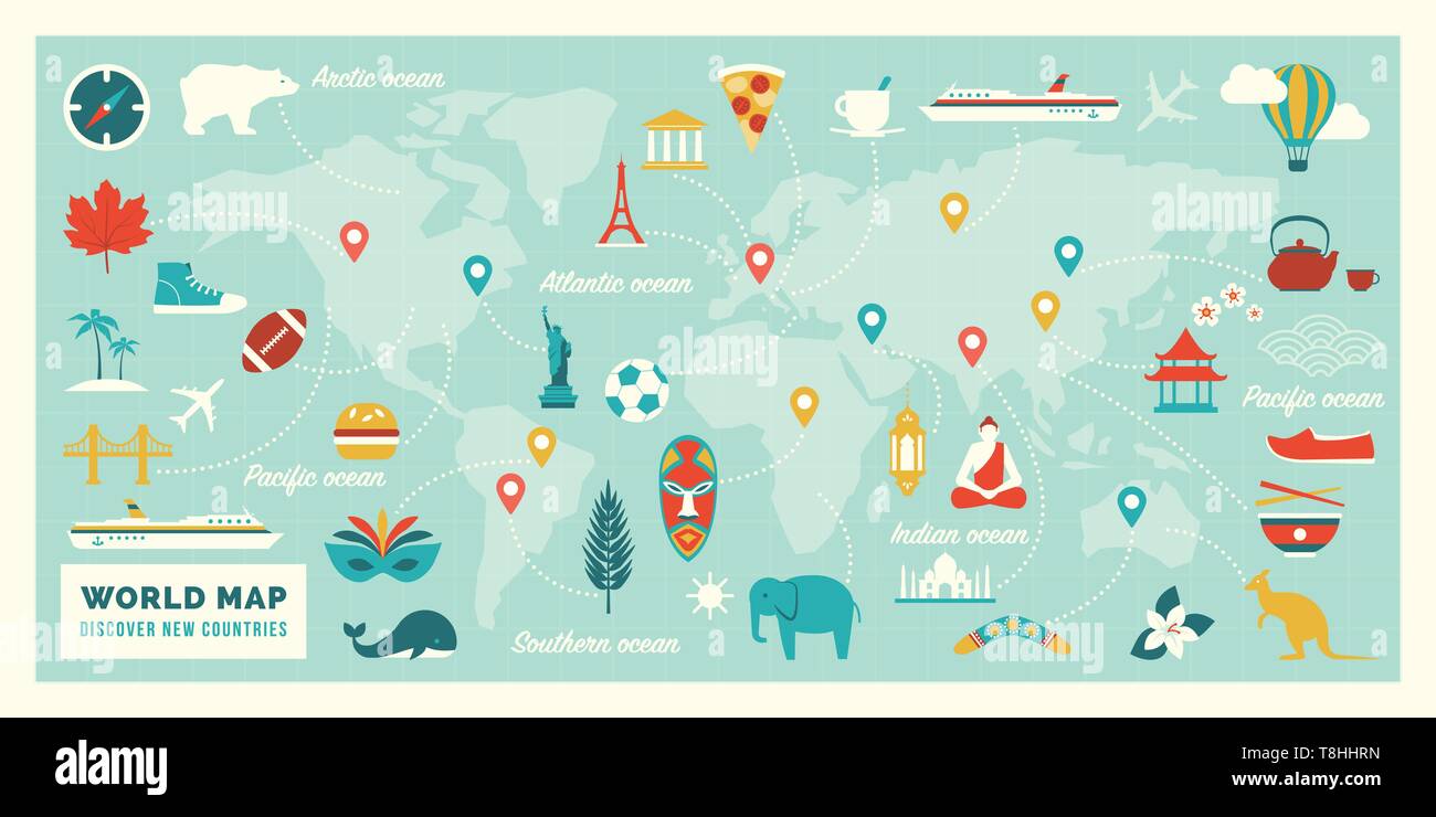 Mappa del mondo con i percorsi di viaggio, le destinazioni e i punti di riferimento da tutti i continenti: vacanze e concetto di viaggio Illustrazione Vettoriale