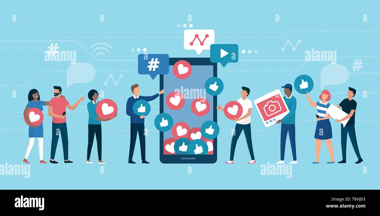 Aumentare il vostro social media seguaci con successo le strategie di marketing: portando la gente ama e le reazioni a un social media profilo su un smartpho Illustrazione Vettoriale
