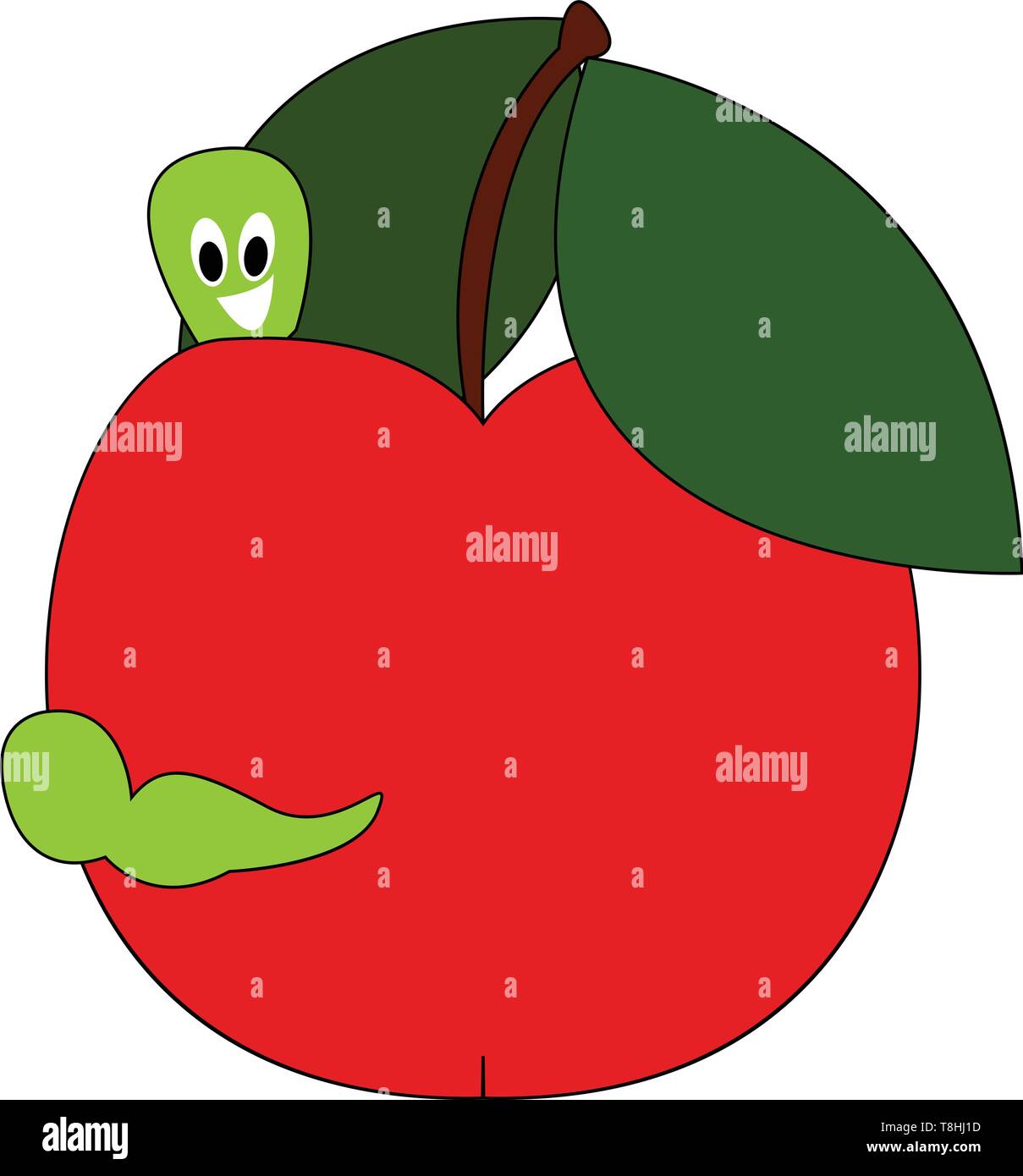 Un maturo red apple con una foglia e un worm verde appeso sul vettore, il colore di disegno o illustrazione. Illustrazione Vettoriale