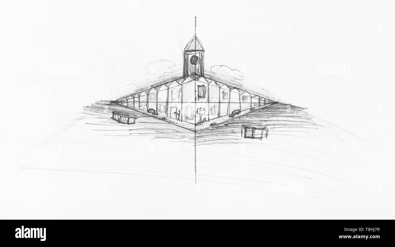Schizzo di edificio urbano disegnati a mano con linee di convergenza dalla matita nera su carta bianca Foto Stock