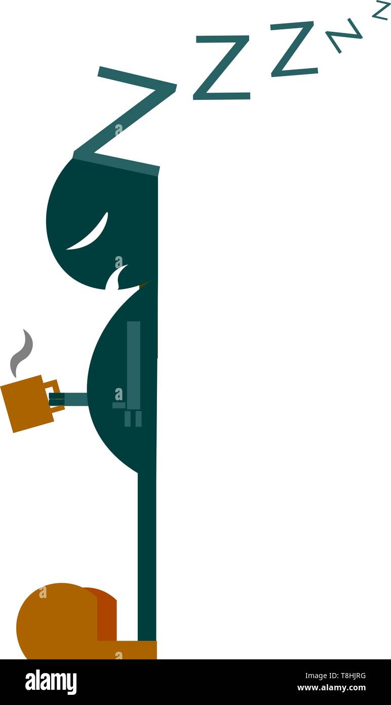 Disegno di un verde stick uomo in scarpe lungo tenendo una fumante tazza di caffè e russa come Egli dorme durante il riposo, il vettore, il colore di disegno o illustra Illustrazione Vettoriale