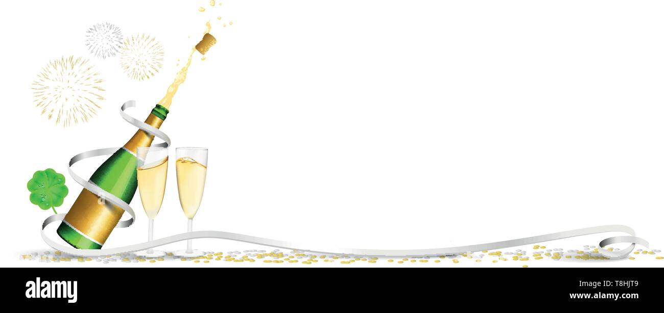 Felice anno nuovo champagne fuochi d'artificio clover coriandoli banner Illustrazione Vettoriale