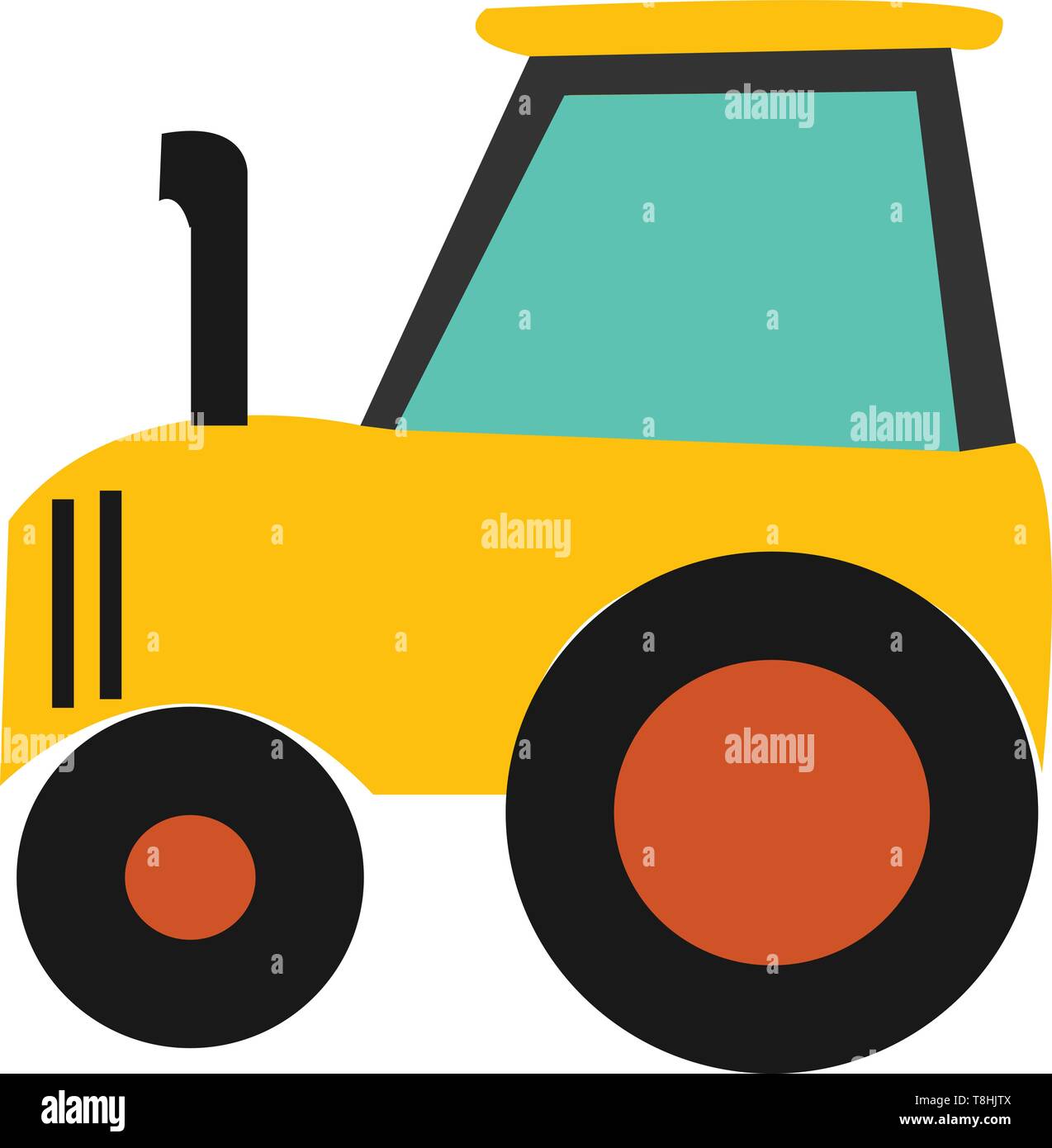 Un piccolo giallo-trattore di colore nero con un tubo di scarico anteriore, cabina del conducente finestre in vetro blu e con diverse dimensioni di pneumatici, vettore drawi colore Illustrazione Vettoriale