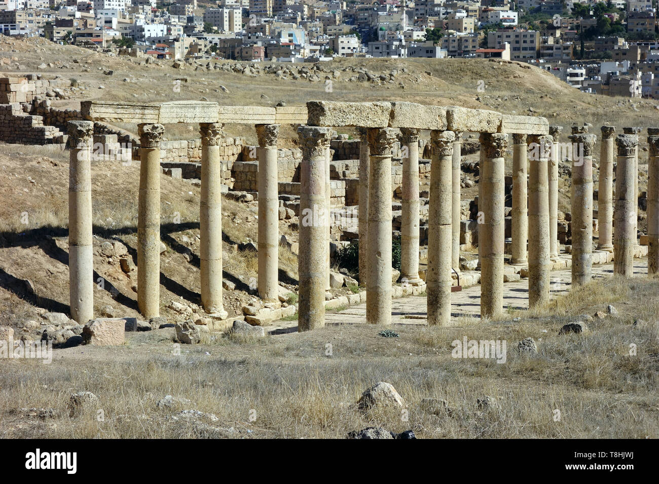 Colonne in Jerash, Giordania, Dzseras, Gerasza Foto Stock