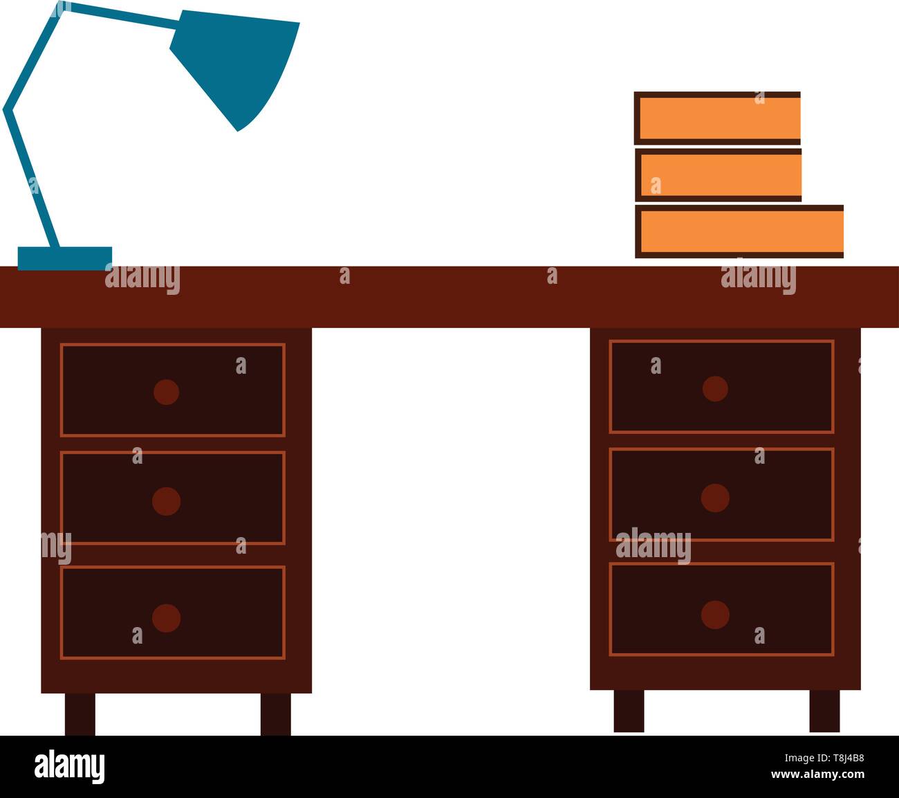 Una scrivania con lampada e libri su di esso con molte comode richiama , il vettore, il colore di disegno o illustrazione. Illustrazione Vettoriale