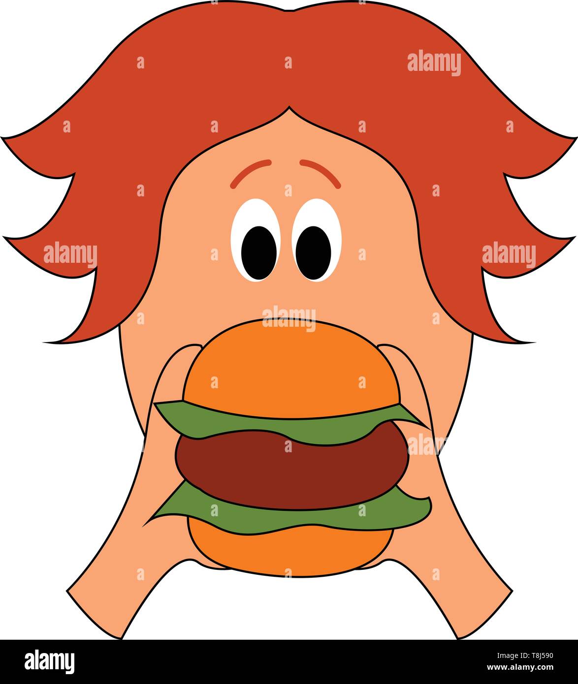 Ragazzo con capelli lunghi mangiare un Big burger di tre strati , il vettore, il colore di disegno o illustrazione. Illustrazione Vettoriale