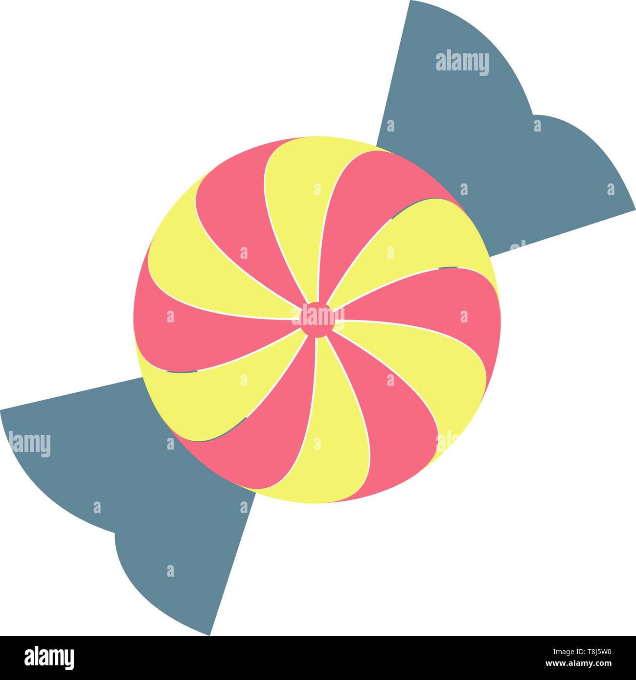 Una caramella avvolta con giallo e rosa-turbolenza come disegni e a forma di cuore forme blu ai loro estremi è tutto il tempo di capretto preferito, vettore, color drawin Illustrazione Vettoriale