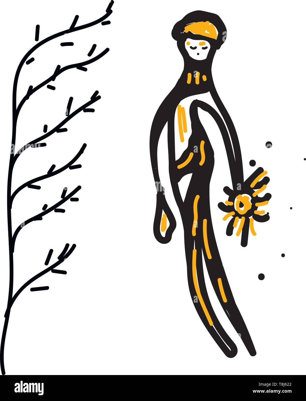 Disegna un bastone uomo nei colori nero e giallo floating più vicino ad un albero senza foglie mentre i suoi occhi chiusi, il vettore, il colore di disegno o illustrazione. Illustrazione Vettoriale