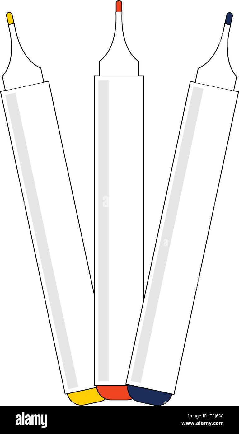 Tre facilmente ricaricabile marker per lavagna in giallo, arancione e blu che è facilmente cancellabile e vettore, il colore di disegno o illustrazione. Illustrazione Vettoriale