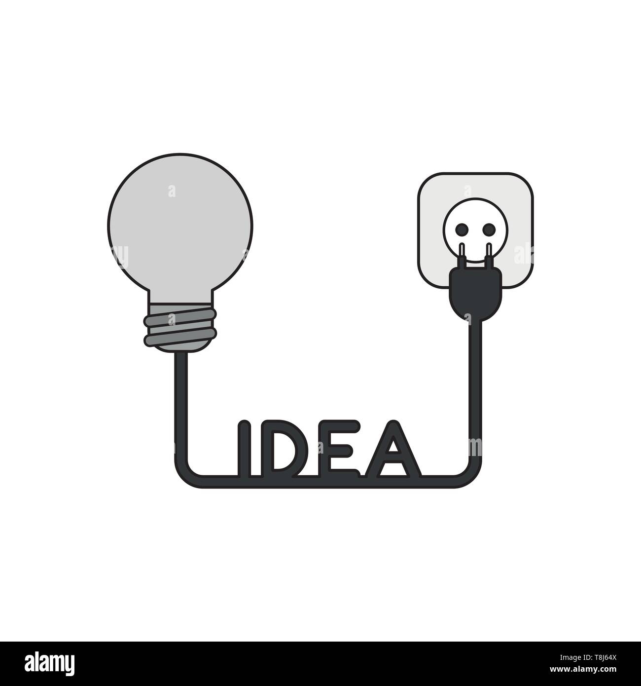 Icona vettore nozione di grigio lampadina con idea cavo, spina e presa. Contorni neri e colorati. Illustrazione Vettoriale