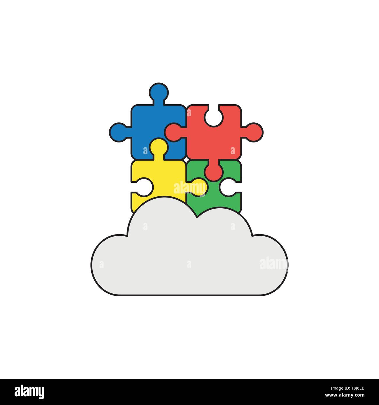 Icona vettore concetto di quattro collegato puzzle di pezzi sul cloud. Contorni neri e colorati. Illustrazione Vettoriale