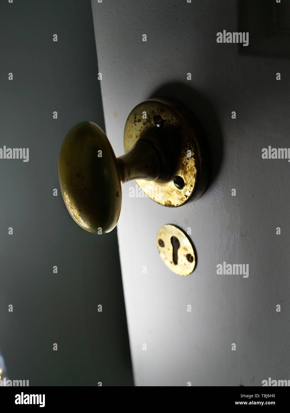 Close up di un ottone maniglia della porta su un open vecchia porta di legno. Foto Stock