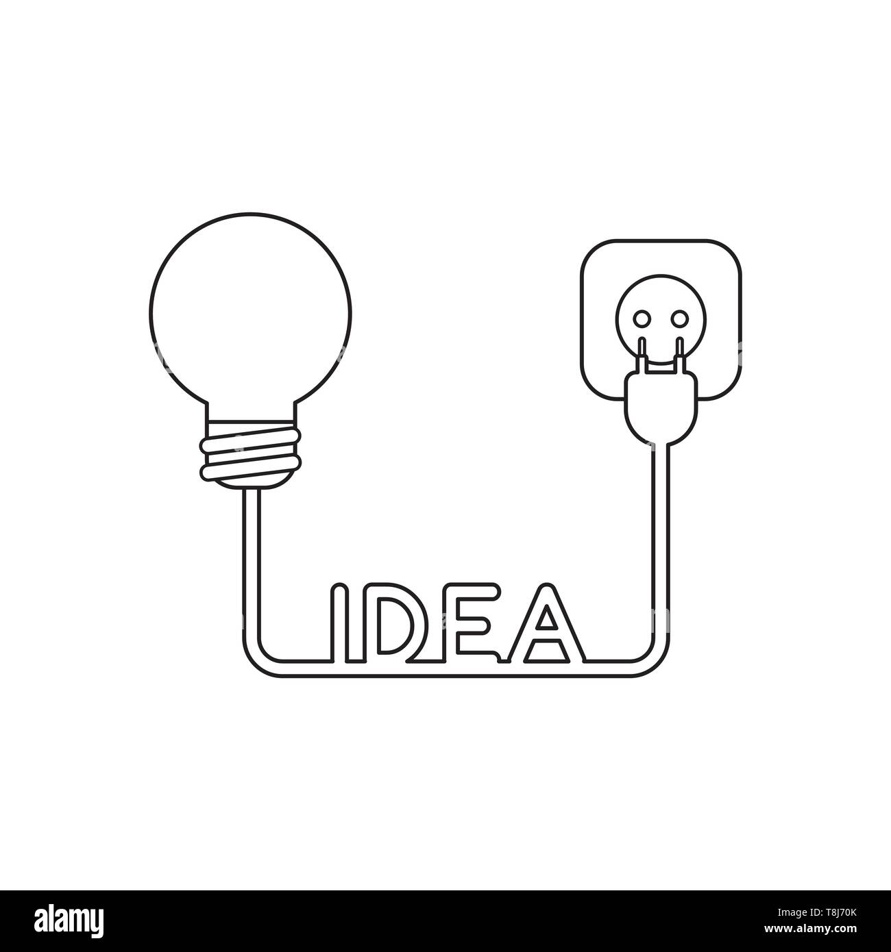Icona vettore concetto di lampadina con idea cavo, spina e presa. Contorni neri. Illustrazione Vettoriale
