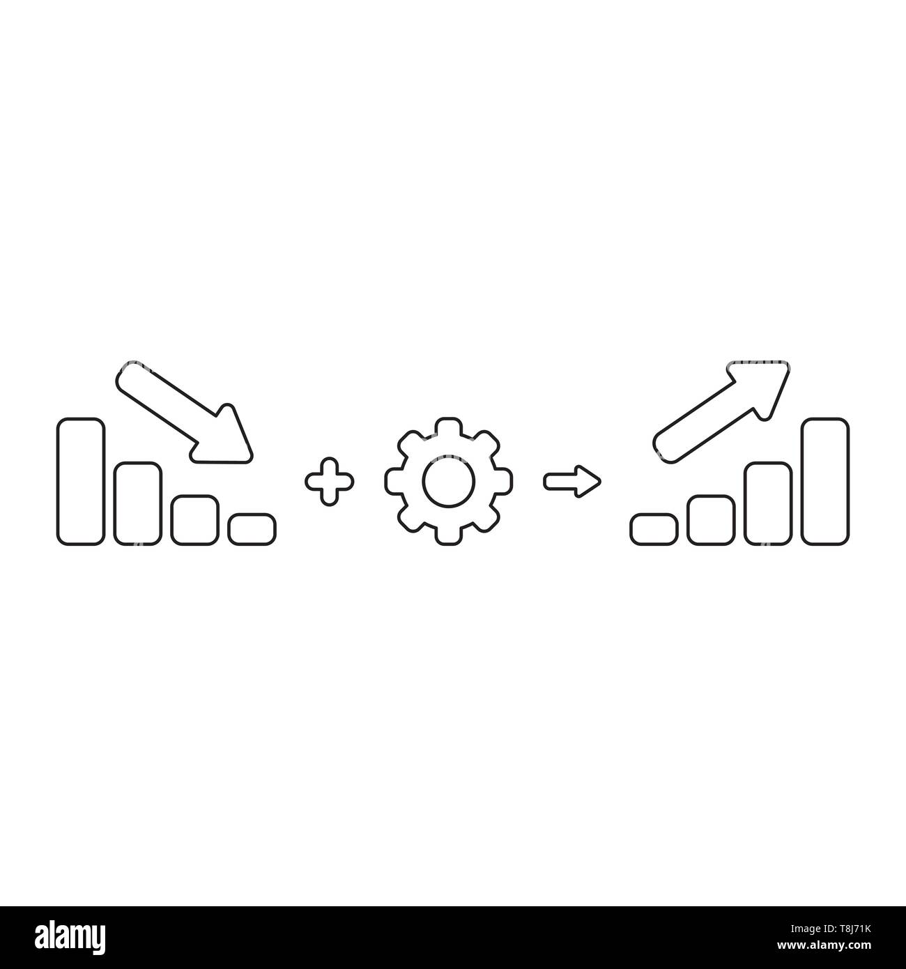 Icona vettore concetto delle vendite il grafico a barre si sta spostando verso il basso plus cambio equivale a vendite grafico a barre nello spostamento verso l'alto. Contorni neri. Illustrazione Vettoriale