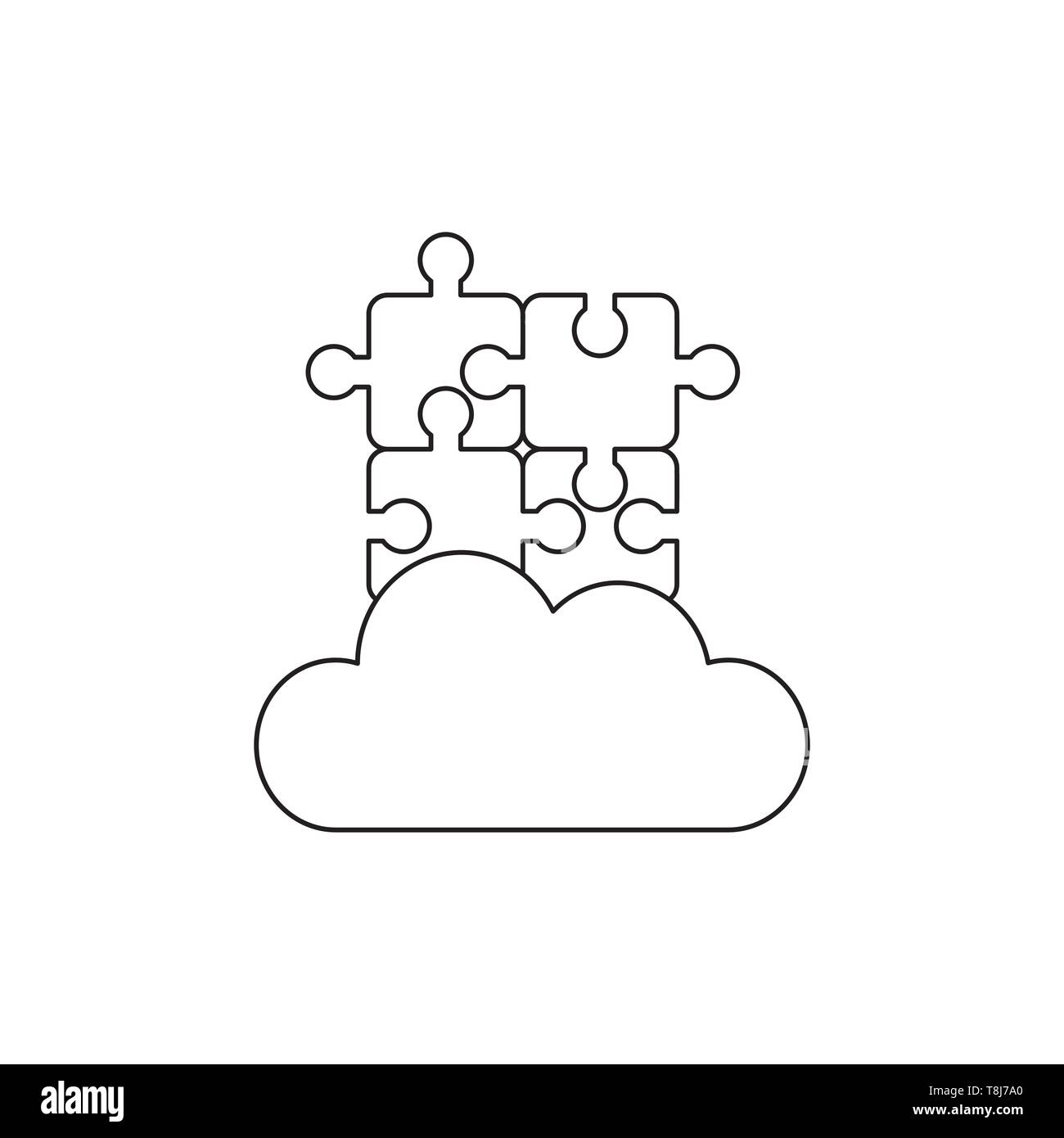 Icona vettore concetto di quattro collegato i pezzi del puzzle sul cloud. Contorni neri. Illustrazione Vettoriale