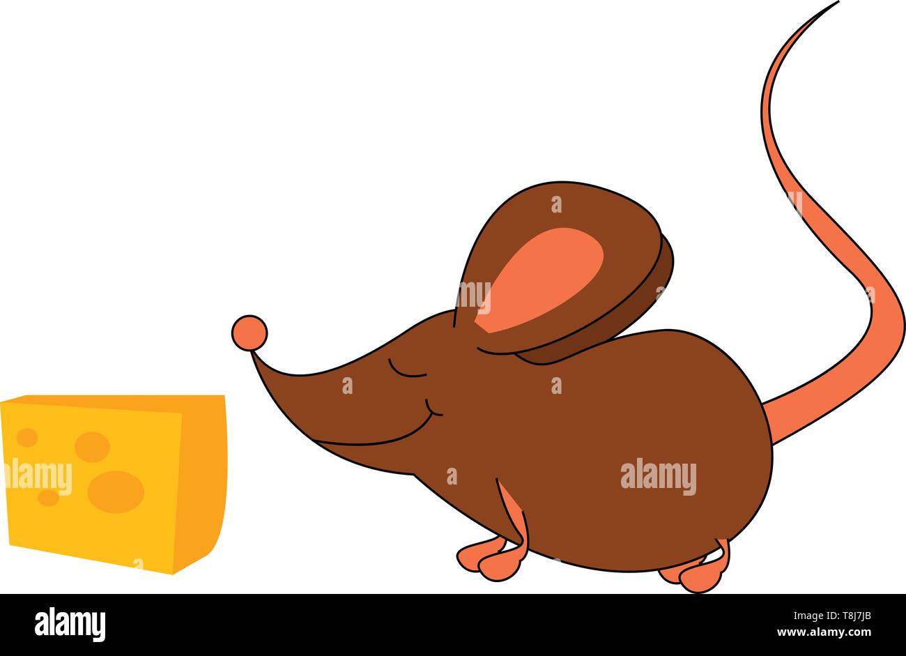 Un mouse marrone in estasi sorrisi circa il pensiero di godendo i gustosi formaggi vicino ad esso su sfondo bianco visto dal lato, vettore, colore d Illustrazione Vettoriale