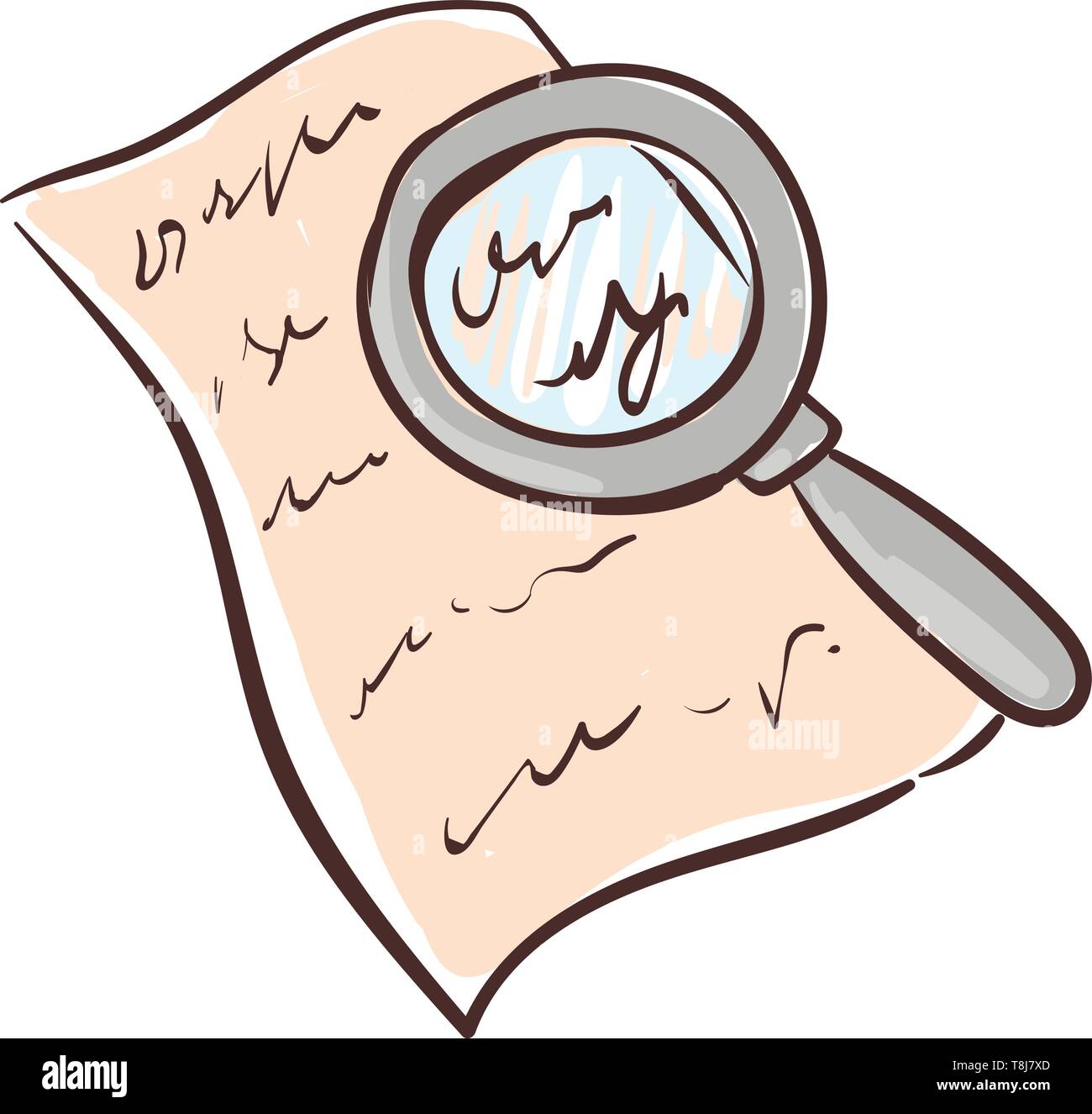 Una lente di ingrandimento con un manico su una carta documentato per esaminare le belle lettere, impronte e fine print, il vettore, il colore di disegno o illustrat Illustrazione Vettoriale