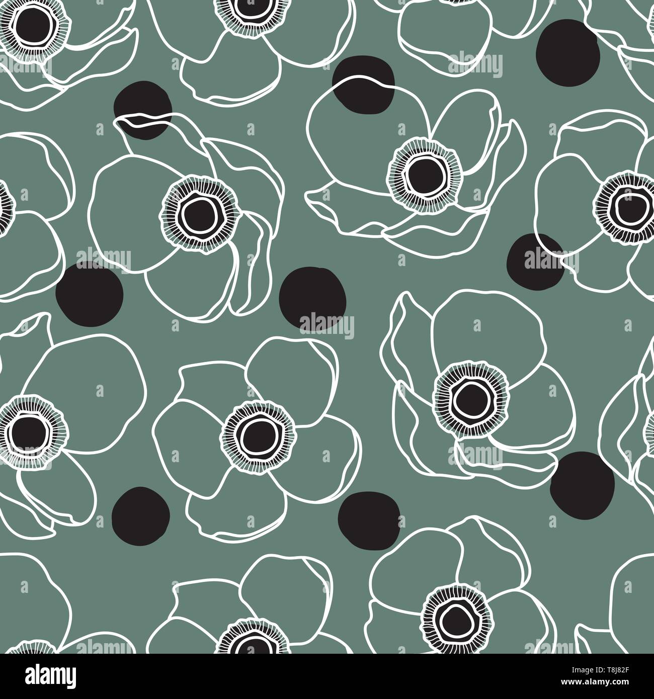 Anemone bianca boccioli di fiori modello di linea con punti neri Illustrazione Vettoriale