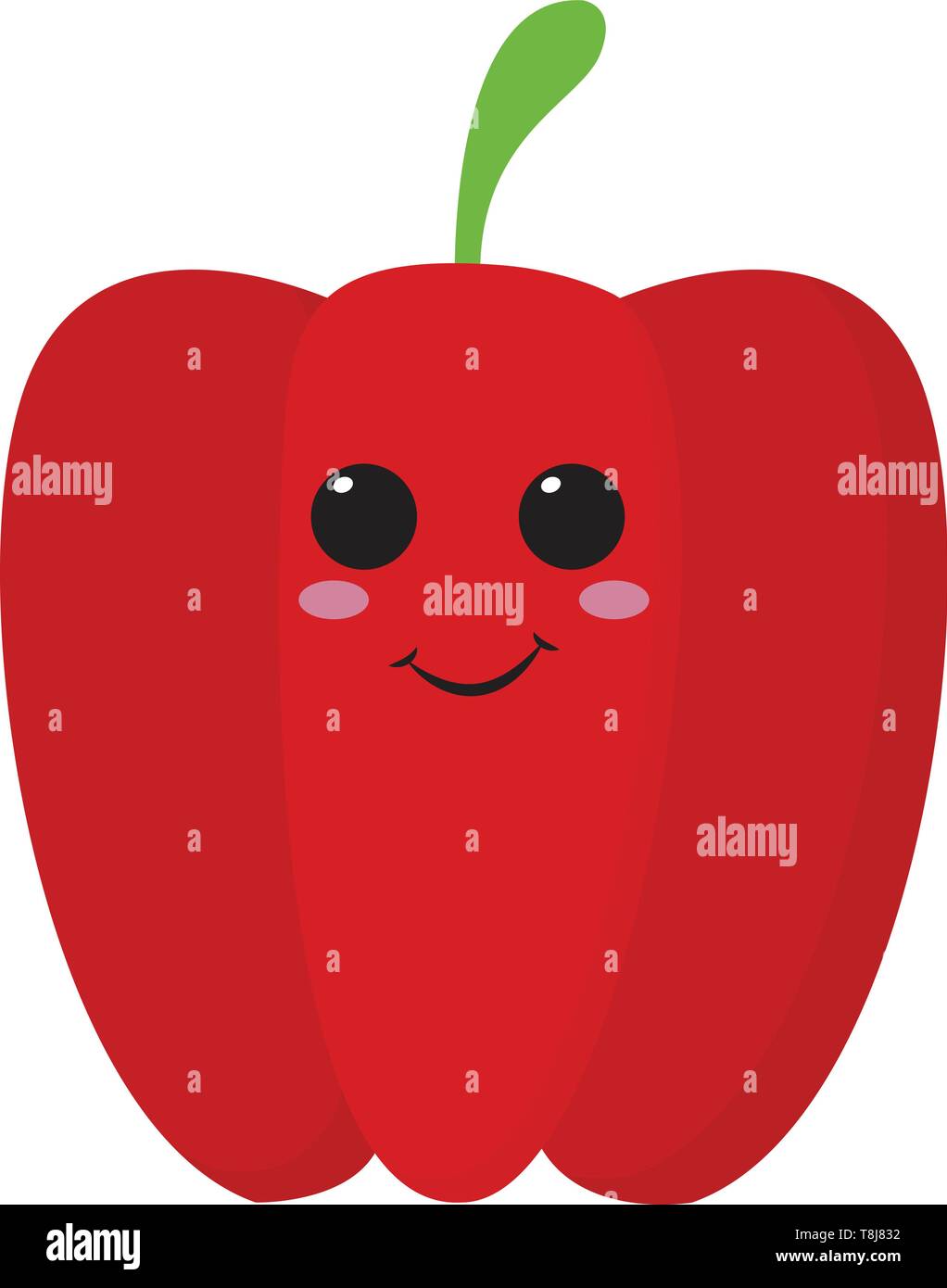 Il peperone rosso di medie dimensioni con un corto peduncolo verde, occhi laminati in alto a sinistra ha un sorriso chiusa ruotando fino alla guancia impostare isolato su bianco bac Illustrazione Vettoriale