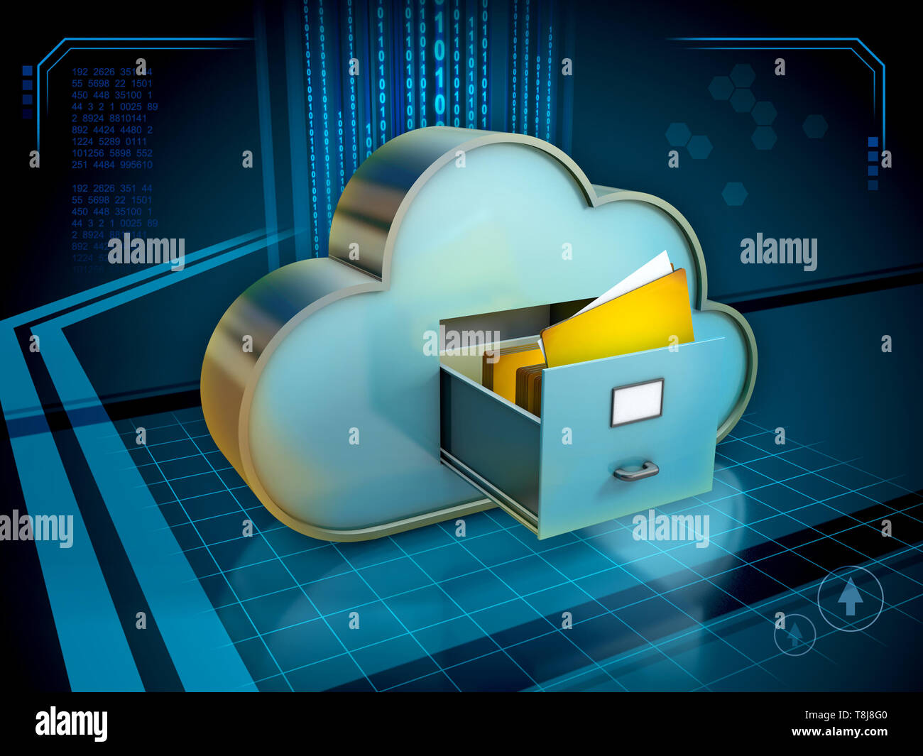 Il cloud storage system con un cassetto aperto e alcune cartelle. 3D'illustrazione. Foto Stock