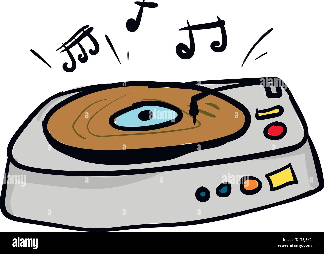 Il record giocatore progettato con casse stereo integrate e colorato i pulsanti Riproduci per avviare/arrestare e regolare il volume del suono durante la riproduzione di musi Illustrazione Vettoriale