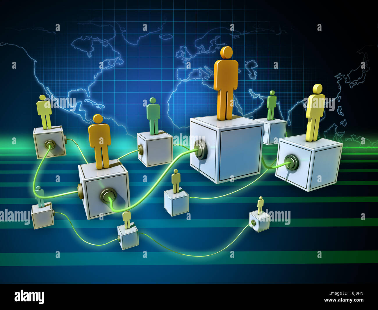 Rete di persone su una mappa del mondo sullo sfondo. 3D'illustrazione. Foto Stock