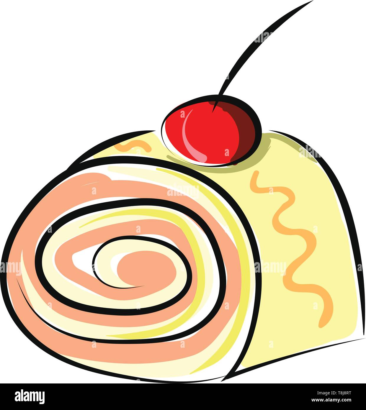 La verniciatura della derrata alimentare colorati, roll in giallo, arancione e rosa colori, guarnita con la frutta ciliegia, sapori stuzzicanti e deliziosi, vettore, colore d Illustrazione Vettoriale