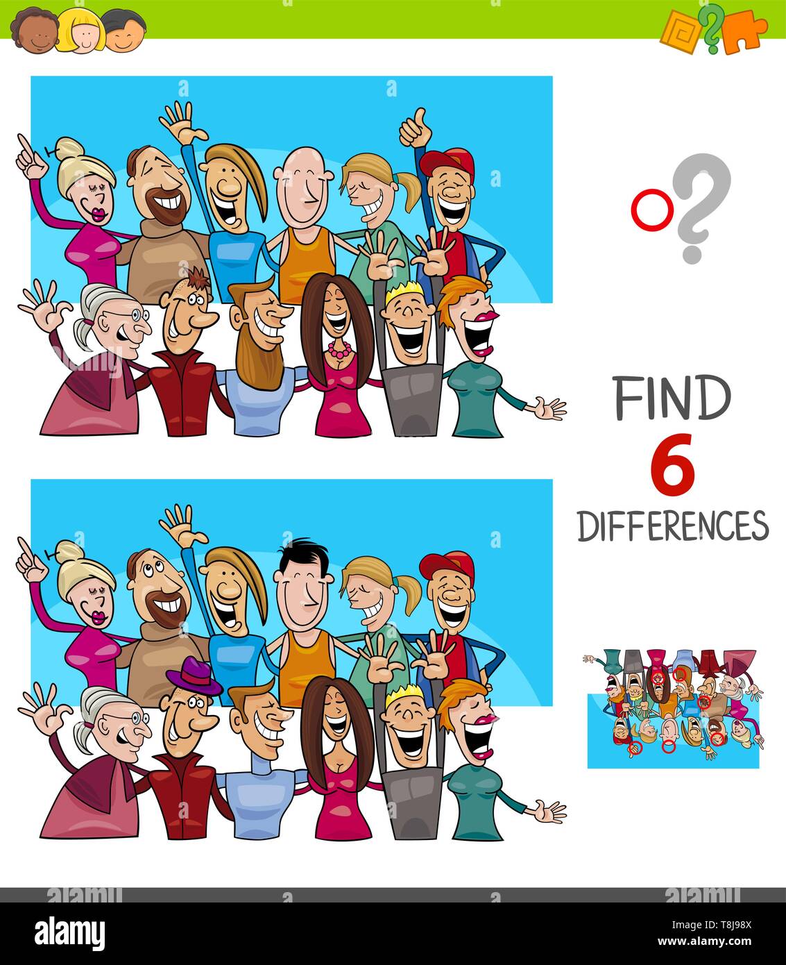 Illustrazione del fumetto di trovare 6 differenze tra le immagini del gioco educativo per bambini con le persone del gruppo di caratteri Illustrazione Vettoriale