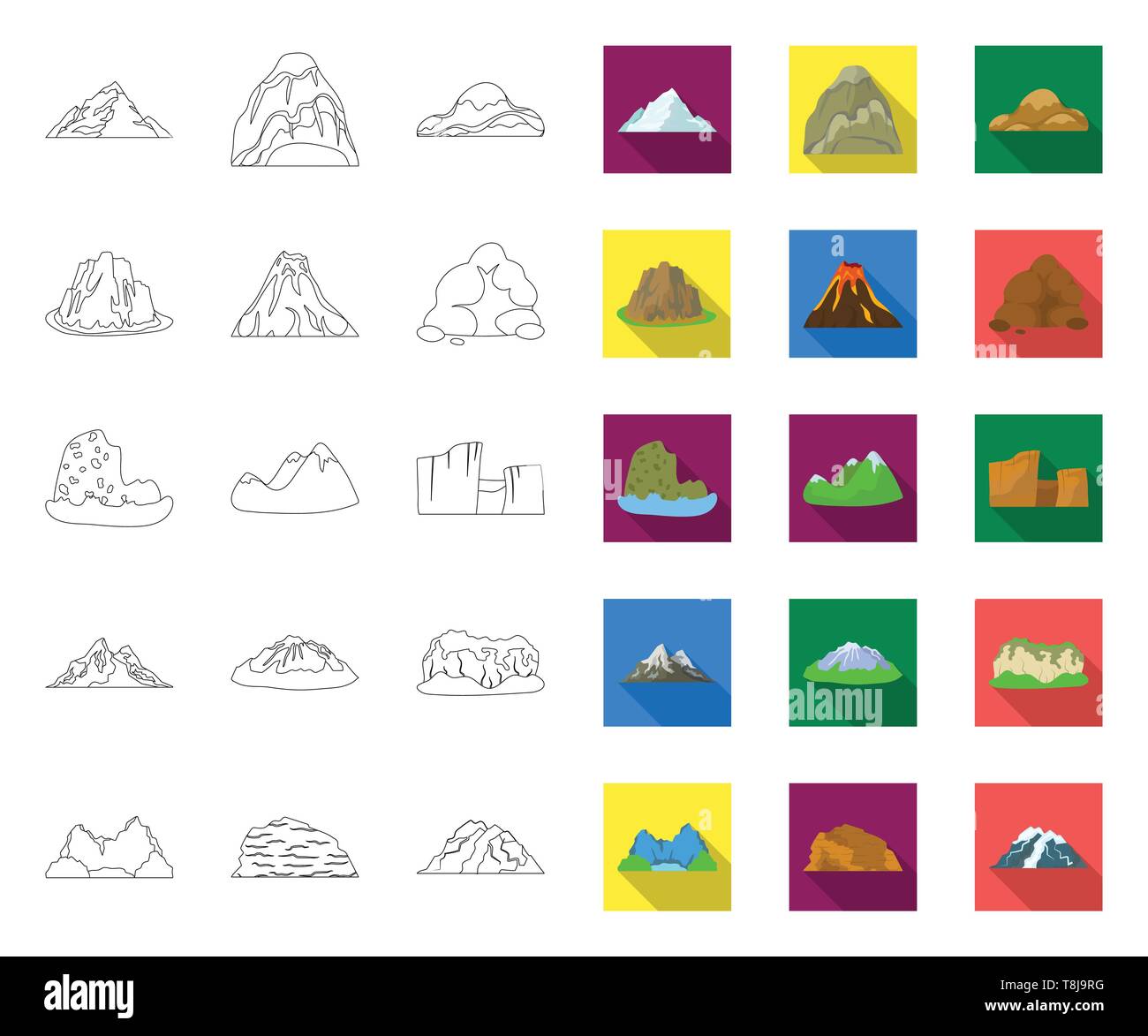 Montagne di diverso profilo piatto,icone nella raccolta di set per design.Monti e paesaggio simbolo vettore illustrazione stock. Illustrazione Vettoriale