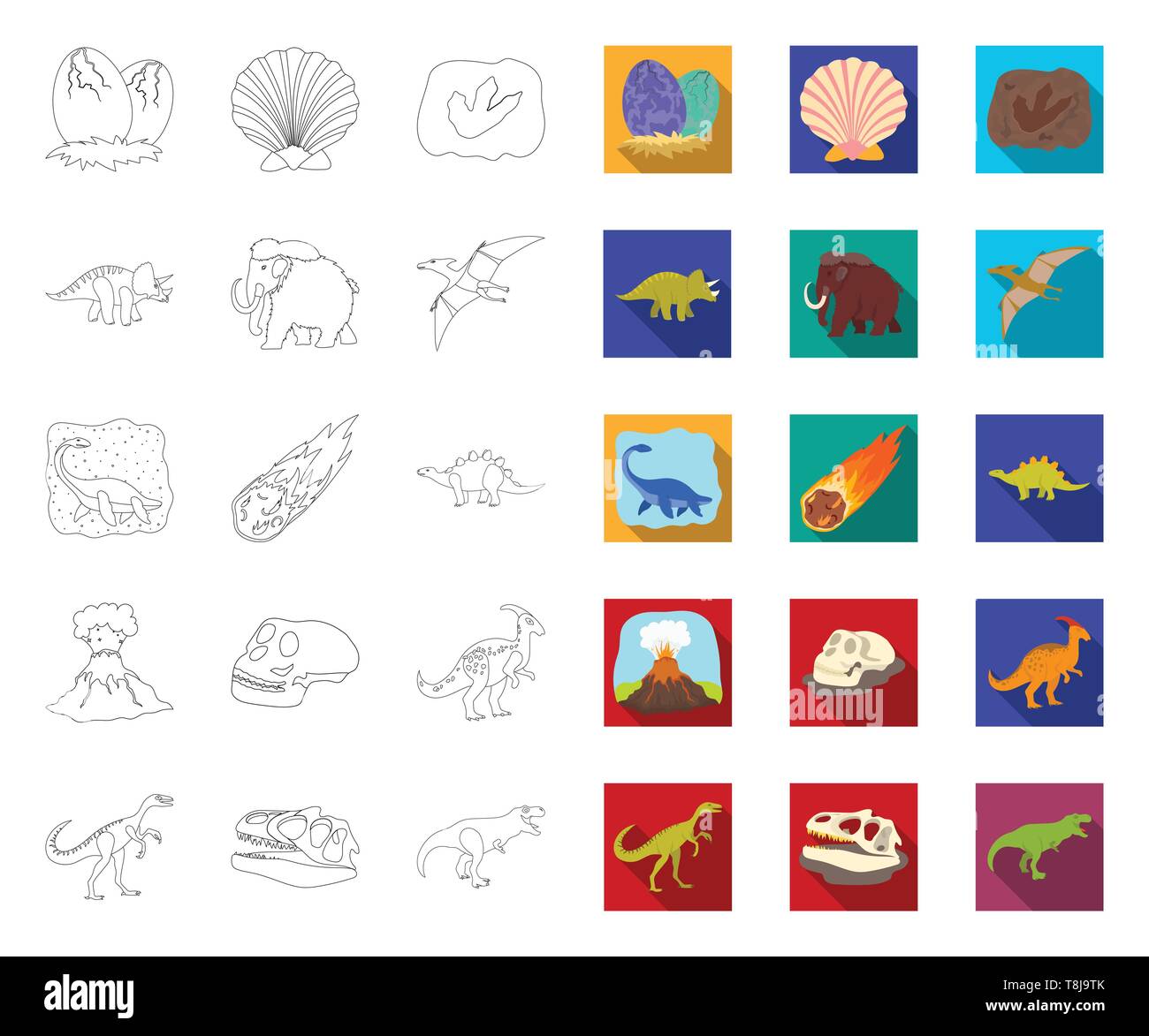 L'età,animale,antichità,l'arte,raccolta,design,dinosauro,dinosauri,l'uovo,eruzione,l'estinto,fiamma,footprint,fossili,gallimimus,erbivoro,uomo,icona,immagine,isolato,jurassic,logo,mammifero,mammoth,meteorite,contorno,appartamento,parasaurolophus,periodo,impianto,preistoria,pterodactyloidea,rimane,rock,mare,seashell,impostare,segno,stegosaurus,pietra,il simbolo,triceratops,tirannosauro,vettore,vulcano,web vettori vettore , Illustrazione Vettoriale