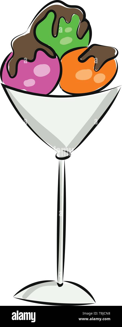 Un viola arancione e verde ice cream scoop con salsa di cioccolato su di esso, il vettore, il colore di disegno o illustrazione. Illustrazione Vettoriale