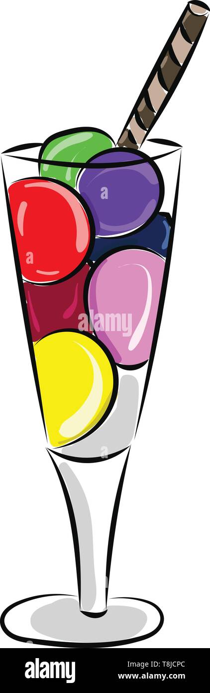 Un gelato per bambini con diversi colori di gelati in un bicchiere grande con paglia, sembra molto yummy, il vettore, il colore di disegno o illustrazione. Illustrazione Vettoriale