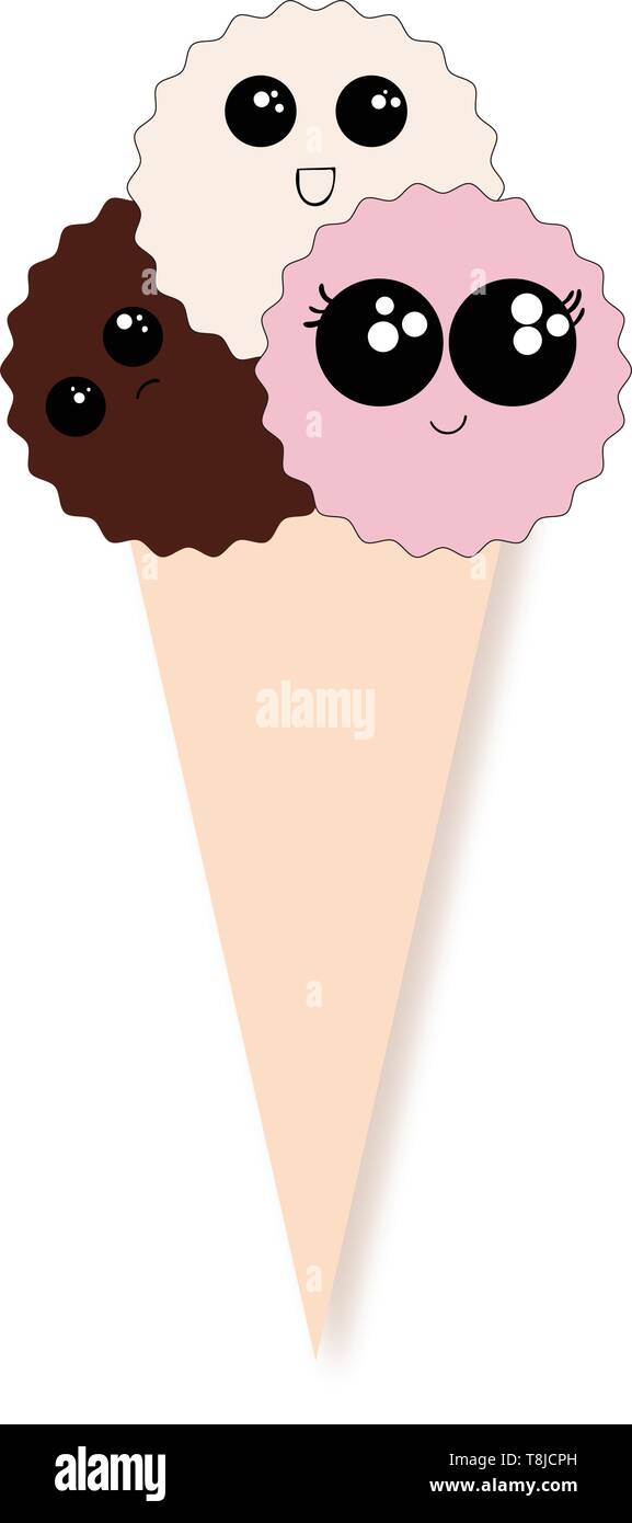 Un gelido gelato ghiacciato con bianco marrone e rosa palline di gelato che si sono mischiate le espressioni felici e tristi, il vettore, il colore di disegno o illustratio Illustrazione Vettoriale